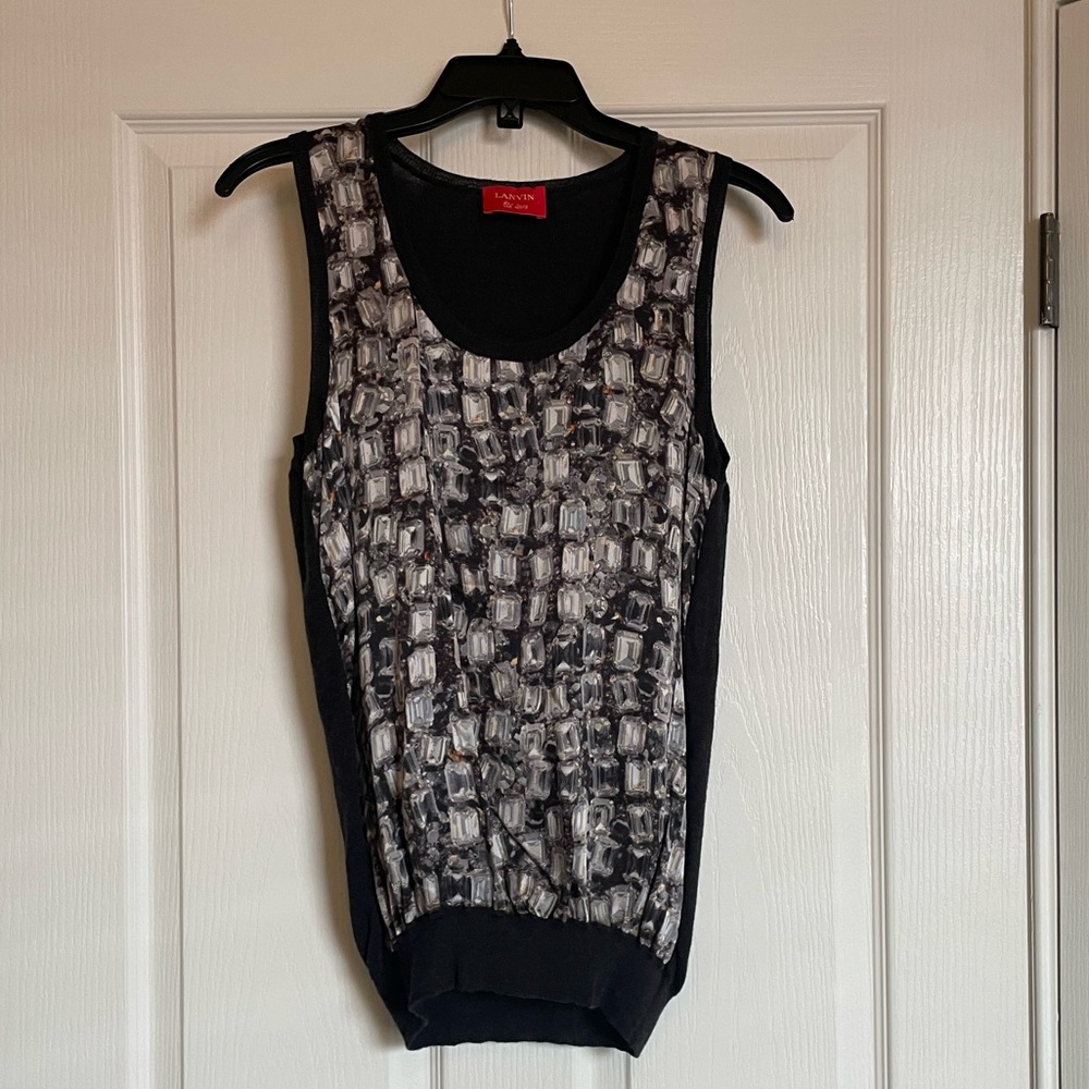 LANVIN Sleeveless Wool and Silk Blouse with Diamond Print Pattern - Picture 2 of 8